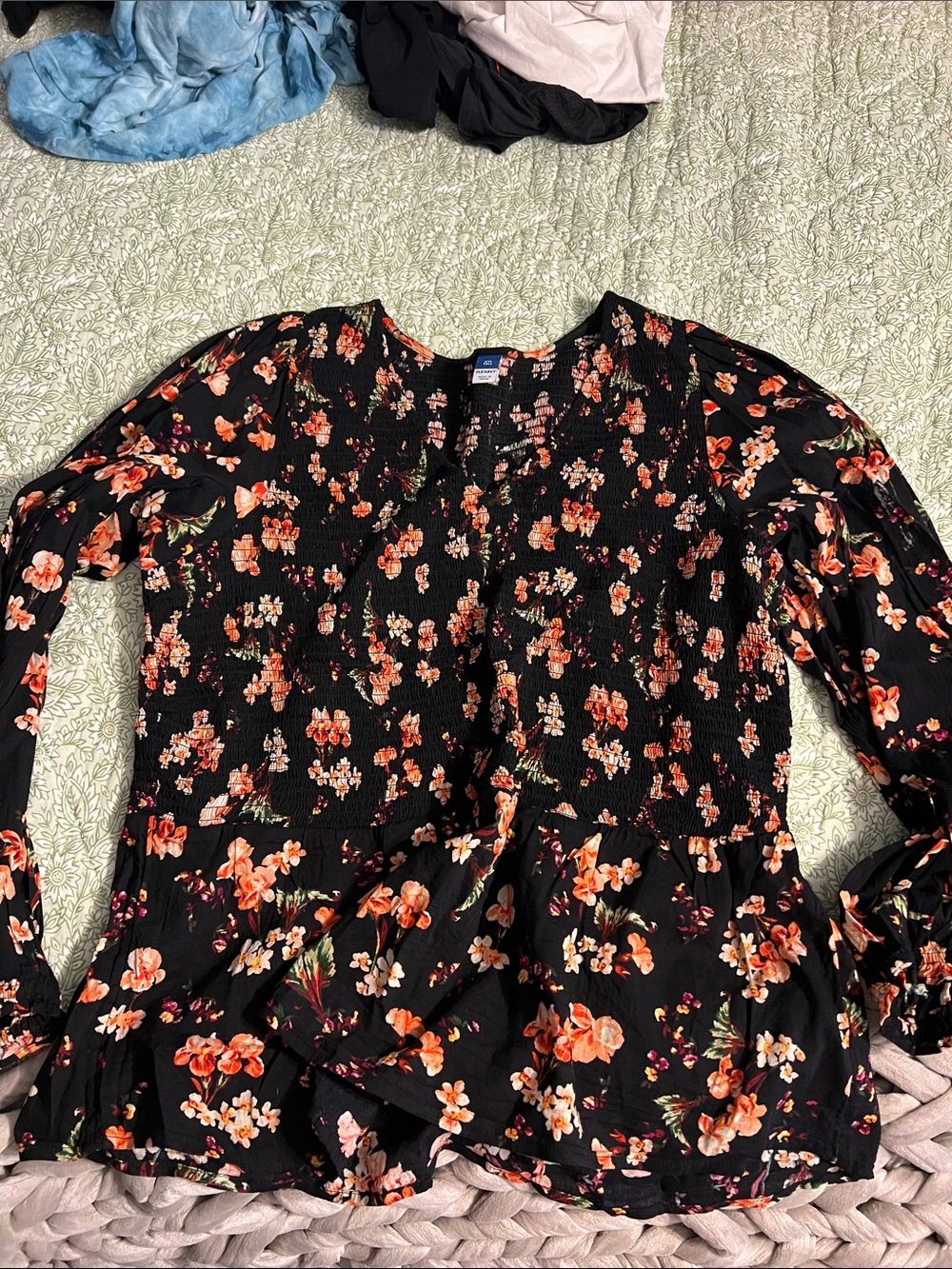 Old Navy Black Floral Peplum Long-Sleeve Top